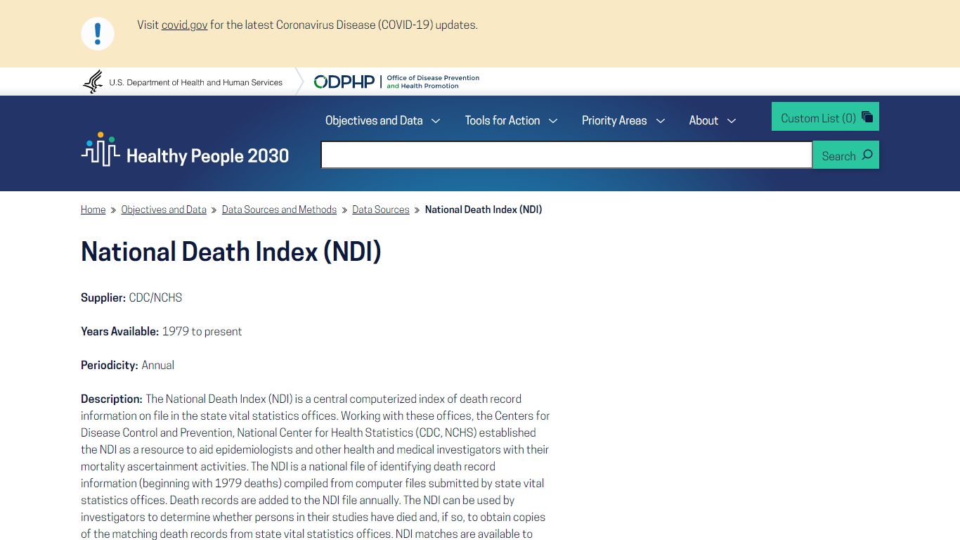 National Death Index (NDI) - Healthy People 2030 | health.gov